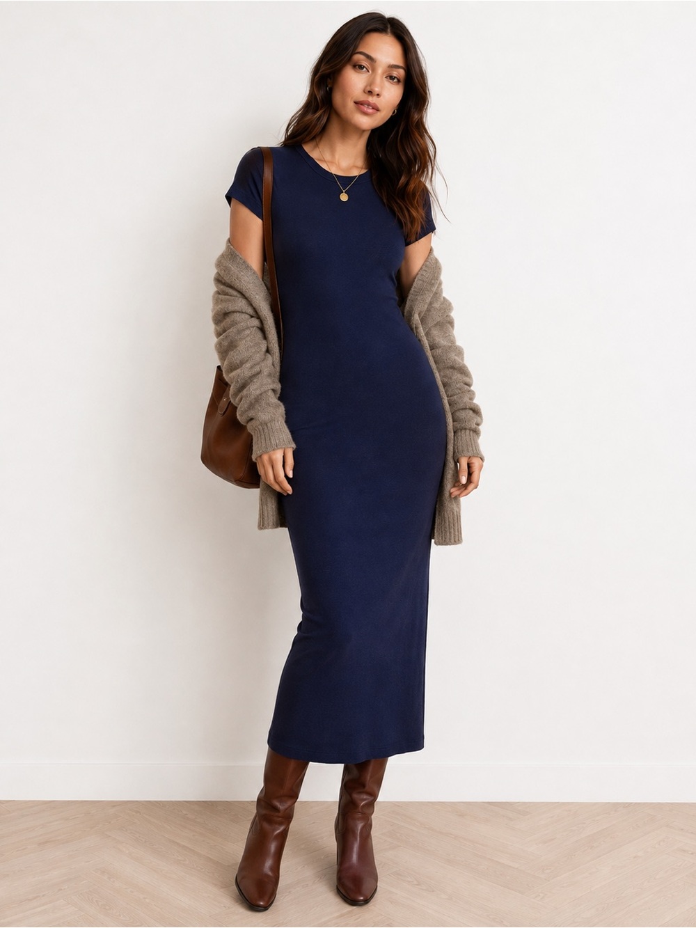 ENZA COSTA NAVY BLUE MIDI JERSEY SHIRT DRESS SZ M